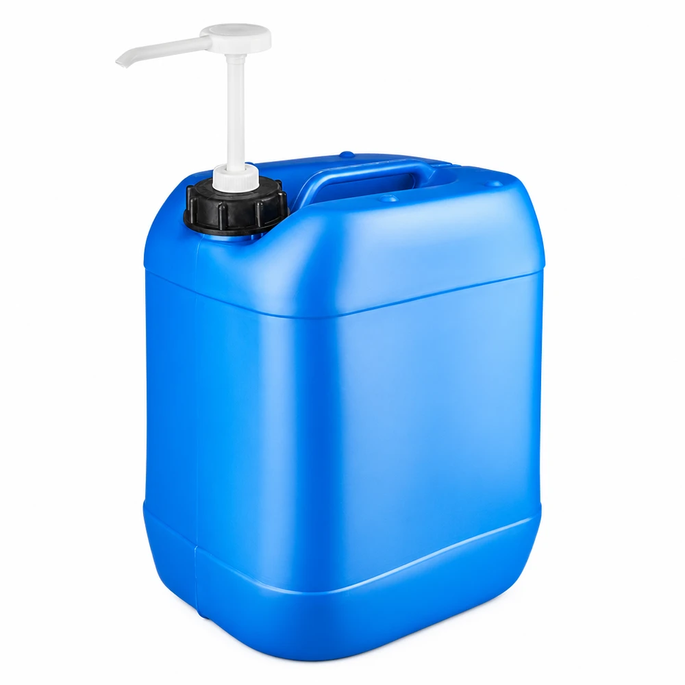 Kanister 20 Liter blau mit Dosierpumpe Rechteckiger HDPE Kanister 20L in Blau mit integrierter Handpumpe zur Flüssigkeitsentnahme