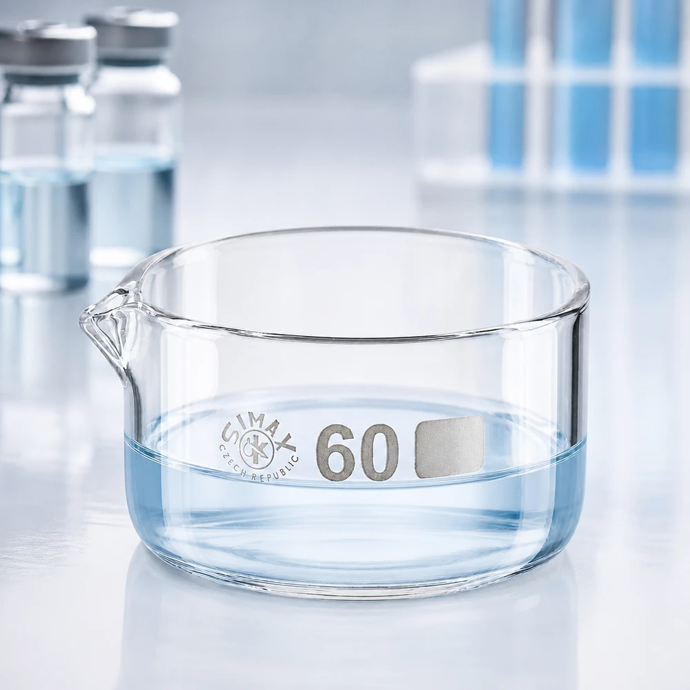 Glasschale 60ml Kristallisierschale niedriger Rand breiter Durchmesser Ausguss Laborbedarf transparent