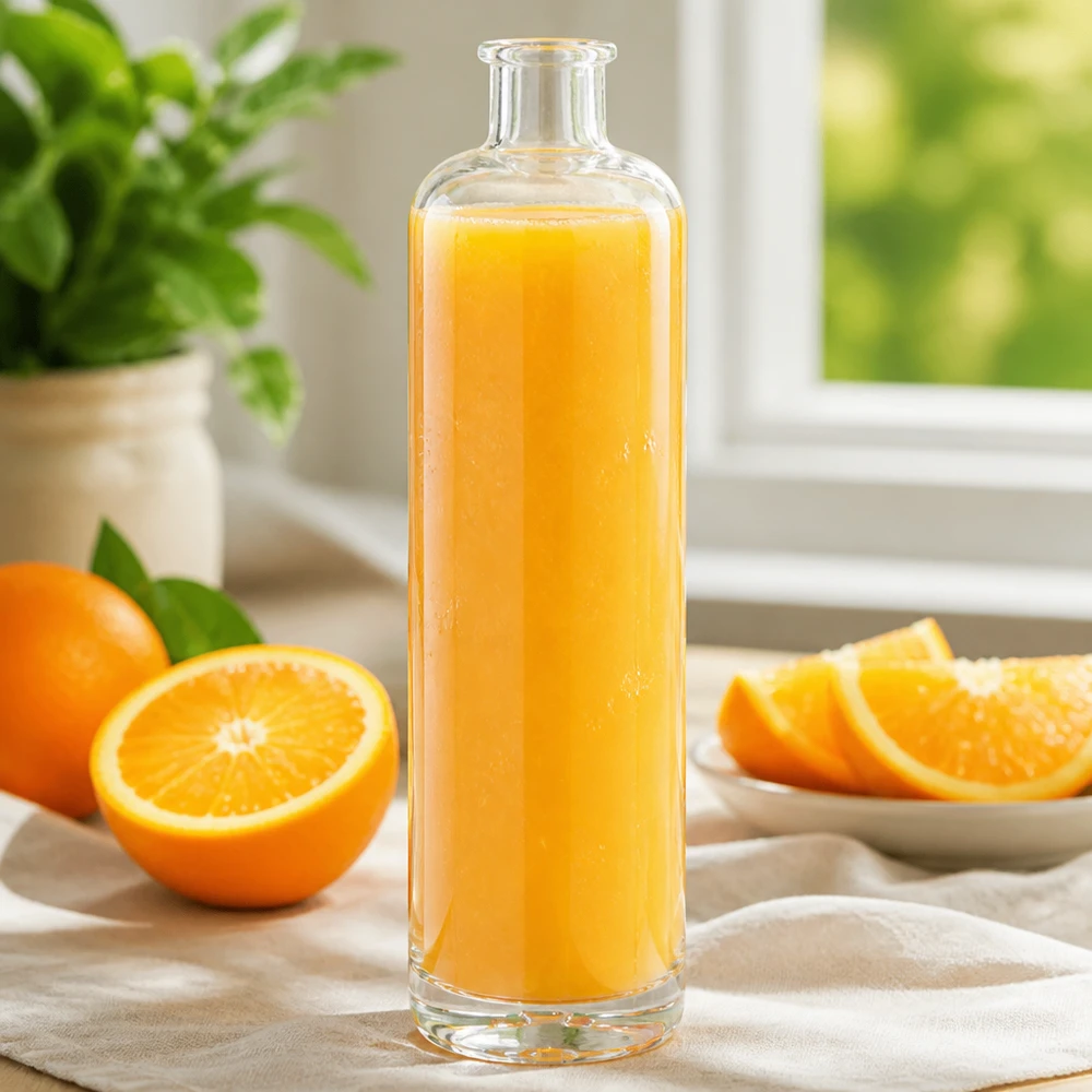 700ml Glasflasche Ella mit frischem Orangensaft befüllt neben Orangenscheiben auf hellem Küchentisch mit Pflanzendeko