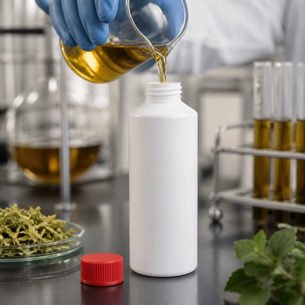 Apothekenflasche HDPE 100ml weiß, mit rotem Schraubverschluss Lebensmittelechte HDPE Flasche 100ml mit rotem Schraubdeckel für ätherische Öle im Laborumfeld