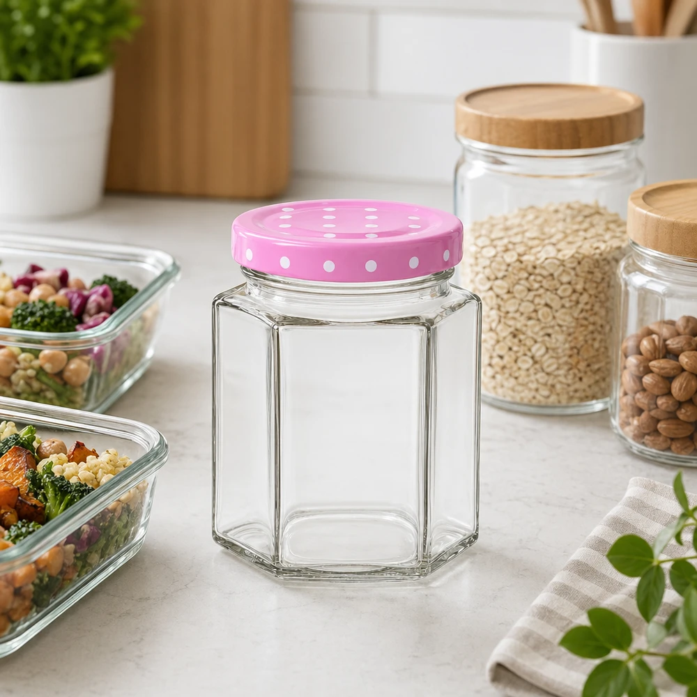 196ml Hexaglas + BasicSeal Deckel Punkte rosa UNiTWIST 196ml Hexaglas rosa Punktedeckel in moderner Küche zeigt praktische Aufbewahrung neben Meal-Prep-Behältern und Vorratsgl