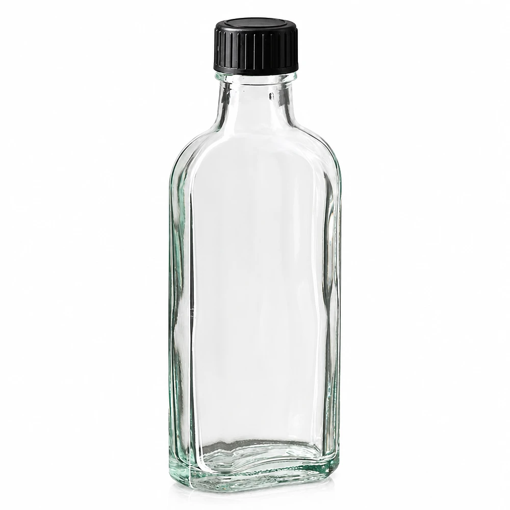 100 ml Meplat klar Schraubverschluss mit EPE-Dichtscheibe Transparente Meplat Glasflasche 100ml mit schwarzem Kunststoffdeckel und Dichtscheibe