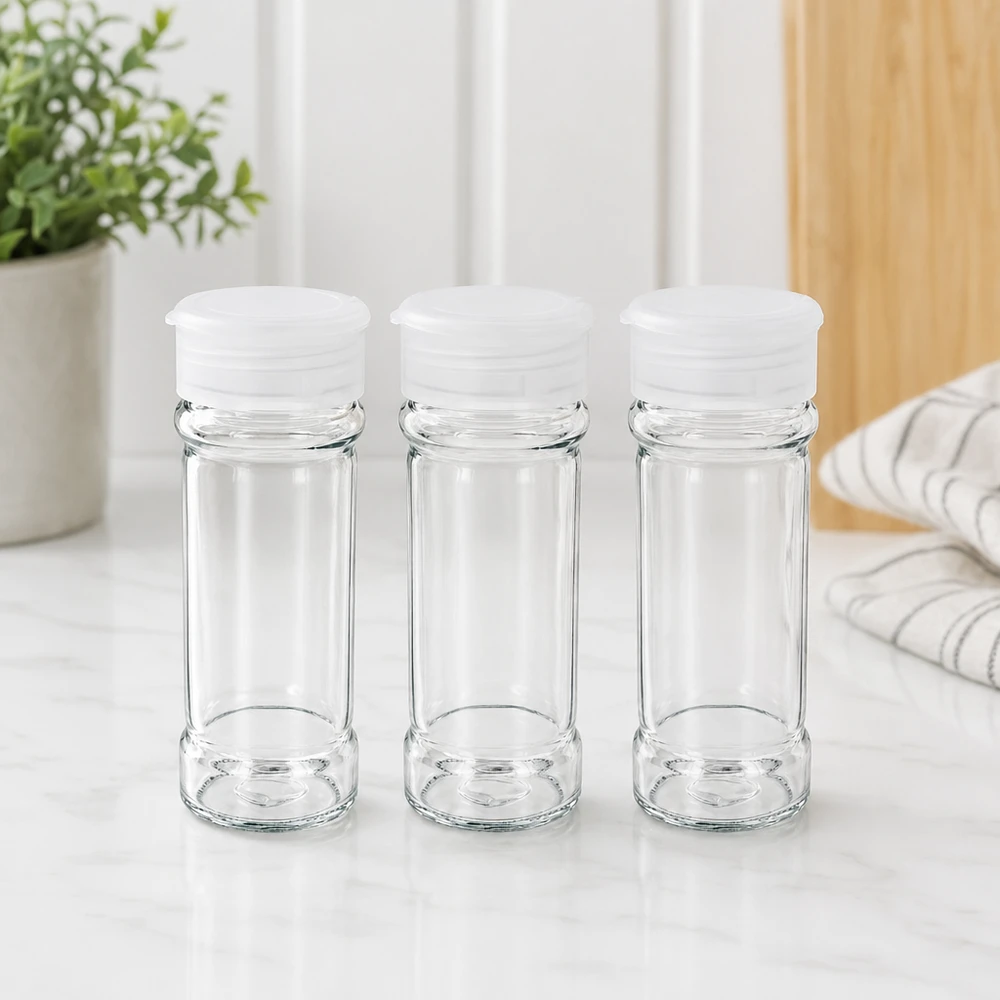 Salz-/Gewürzglas 100ml mit Streuer weiss Transparente Salzstreuer-Gläser 100ml mit weißem Kunststoffdeckel im 3er-Set