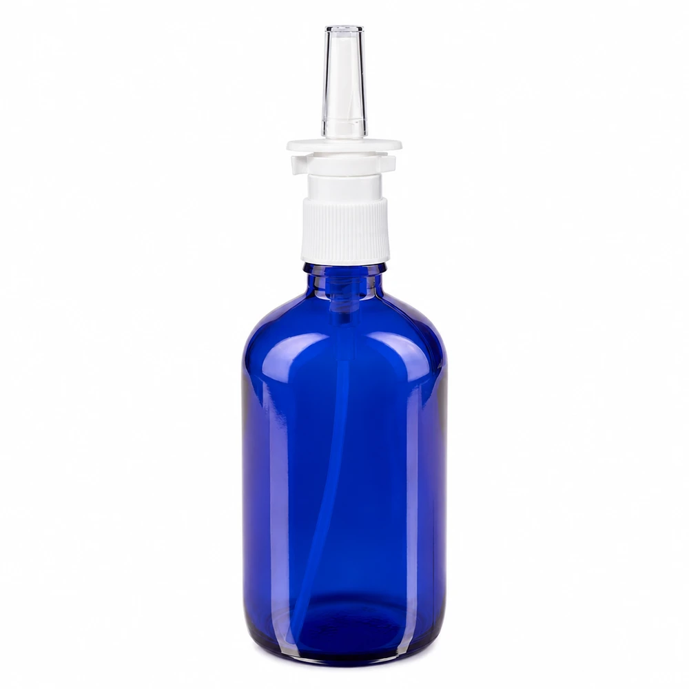 Apothekenflasche blau 100ml Nasenzerstäuber weiß Standard Blaue Glasflasche 100ml mit Nasenspray-Pumpaufsatz weiß transparent für Apothekenbedarf