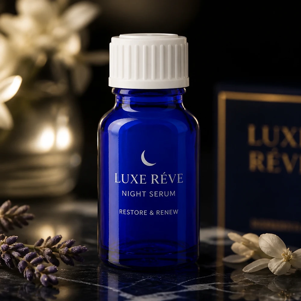 Apothekenflasche blau 10ml Schraubverschluss weiß Standard Blaue 10ml Glasflasche als Night Serum Verpackung mit Lavendel und weißen Blüten dekoriert
