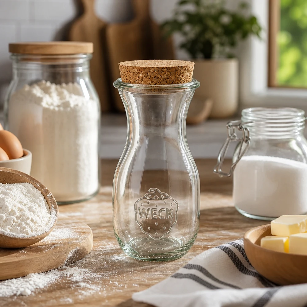 290ml Saftflasche WECK RR60 mit Korken natur WECK Saftflasche 290ml RR60 leer in Küche umgeben von Backzutaten Mehl Milch Butter auf Holzbrett Landhaus-Stil