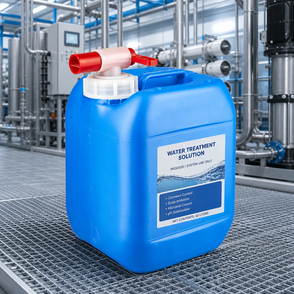 Kanister 5 Liter blau mit Auslaufhahn Kompakter 5L Flüssigkeitskanister blau mit Zapfhahn auf Gitterrostboden in Wasseraufbereitungsanlage