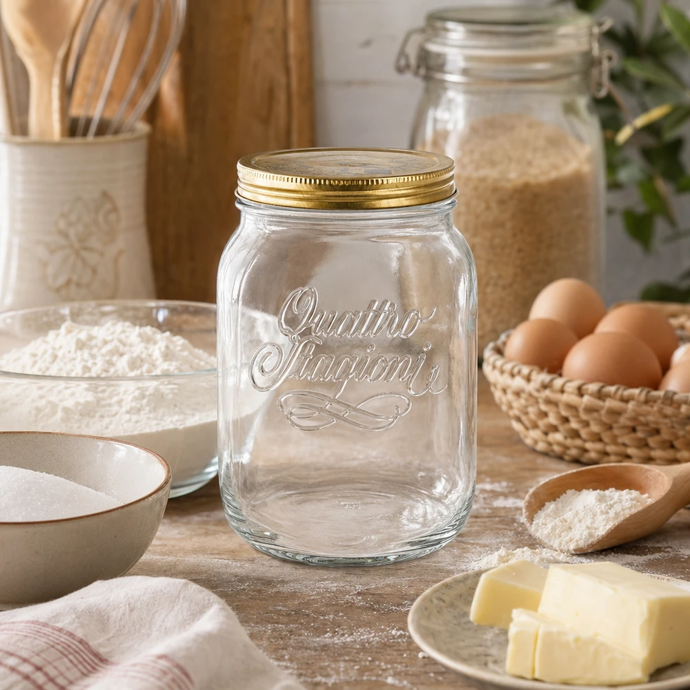 Quattro Stagioni 2000ml Einmachglas in rustikaler Küche mit Backzutaten - italienisches Vorratsglas für Mehl