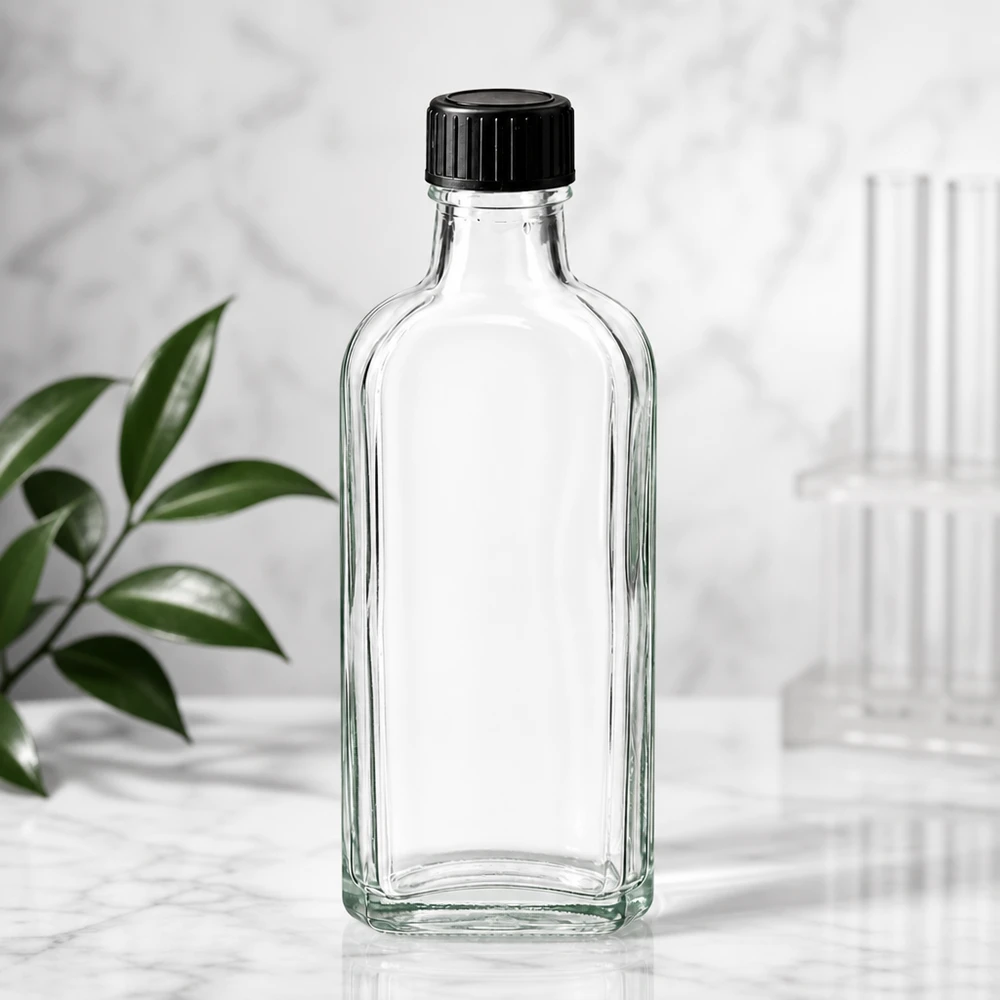 Transparente Meplat Flasche 100ml mit LKD-Dichtscheibe und Kunststoffdeckel Seitenansicht