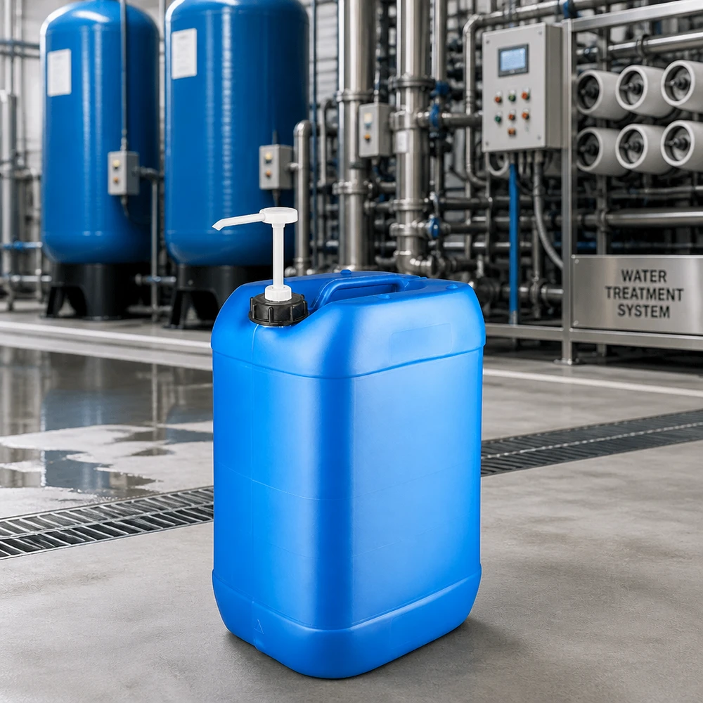 Robuster blauer Industriekanister 25L mit weißer Pumpe in professioneller Wasserbehandlungsanlage