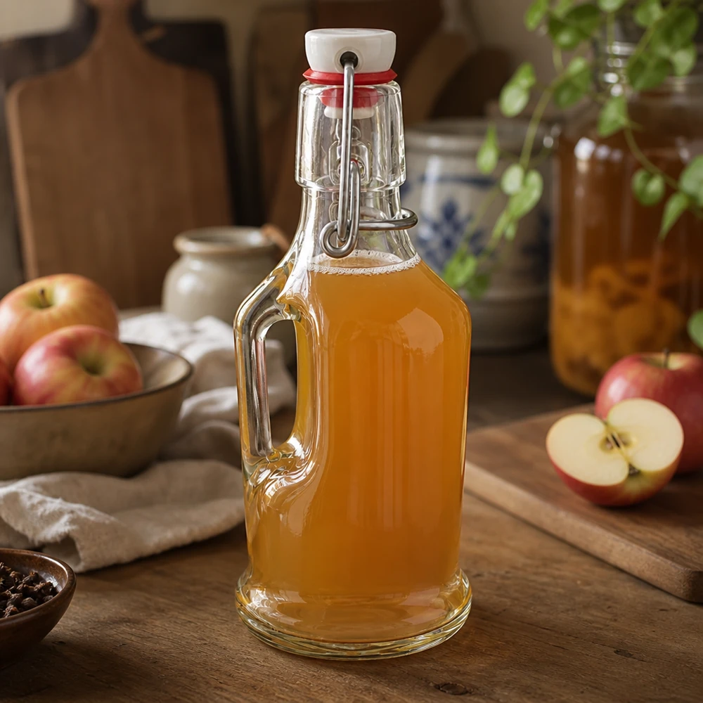Glasflasche Bertha 200ml mit Apfelsaft gefüllt, Bügelverschluss UNiTWIST, rustikale Küchenszene mit frischen Äpfeln
