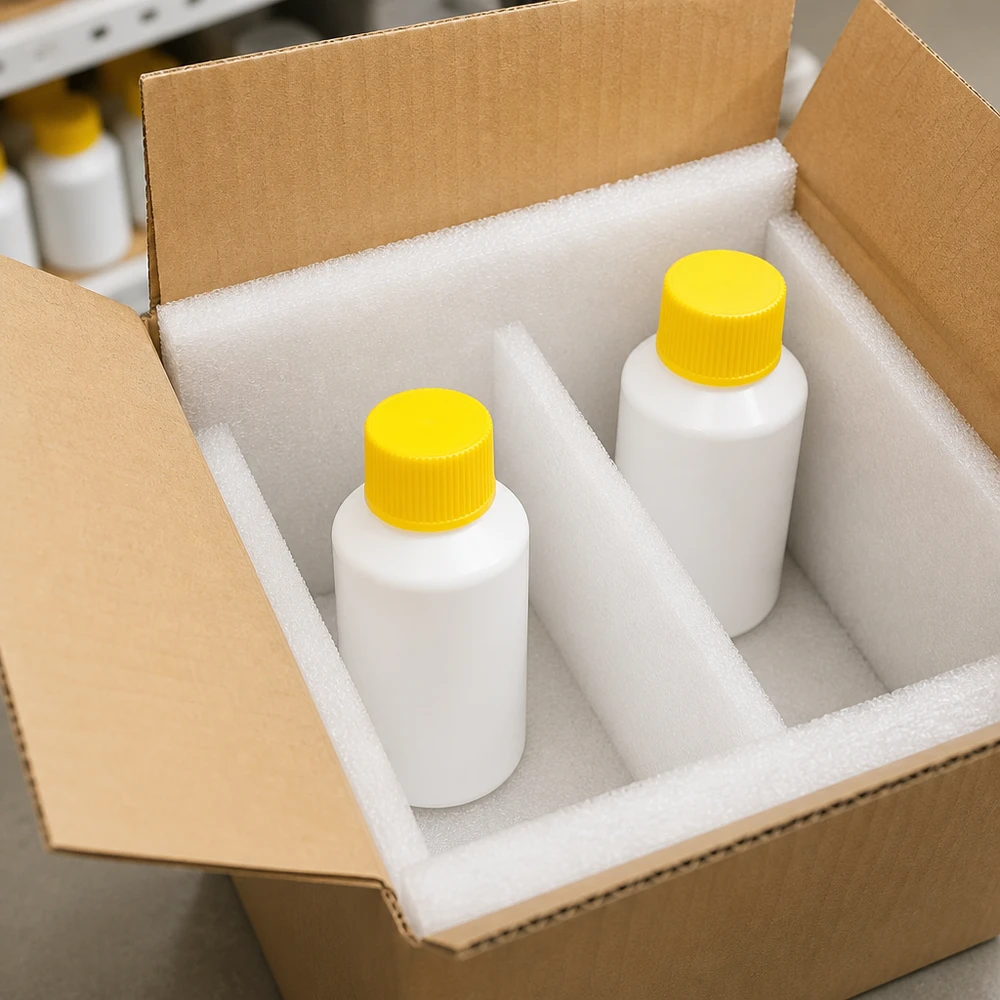 Transport und Lagerung weißer HDPE Flaschen 50ml mit gelbem Kindersicherheitsverschluss
