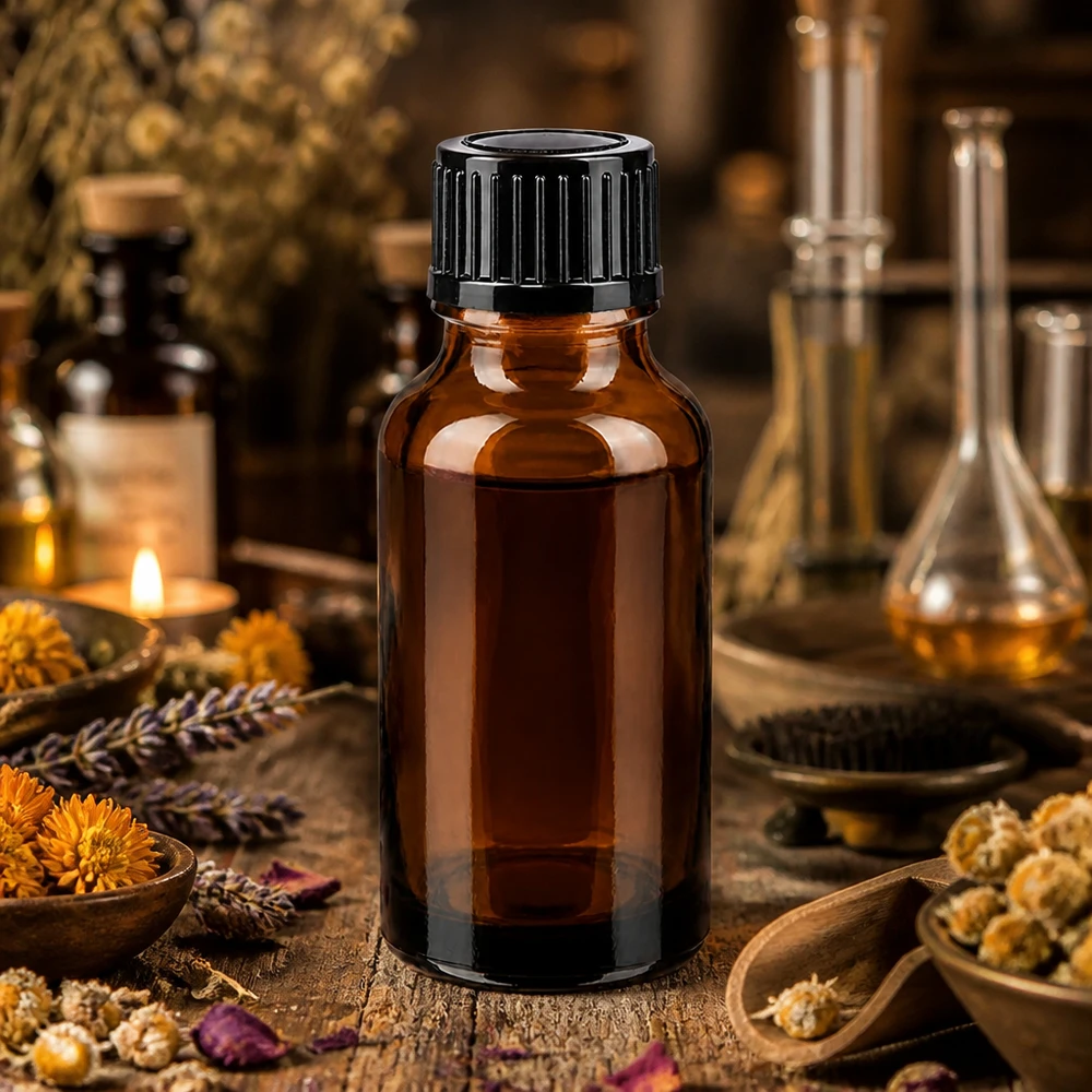 Braune Glasflasche 20ml mit 1mm Tropfeinsatz auf rustikalem Holztisch mit Trockenblumen