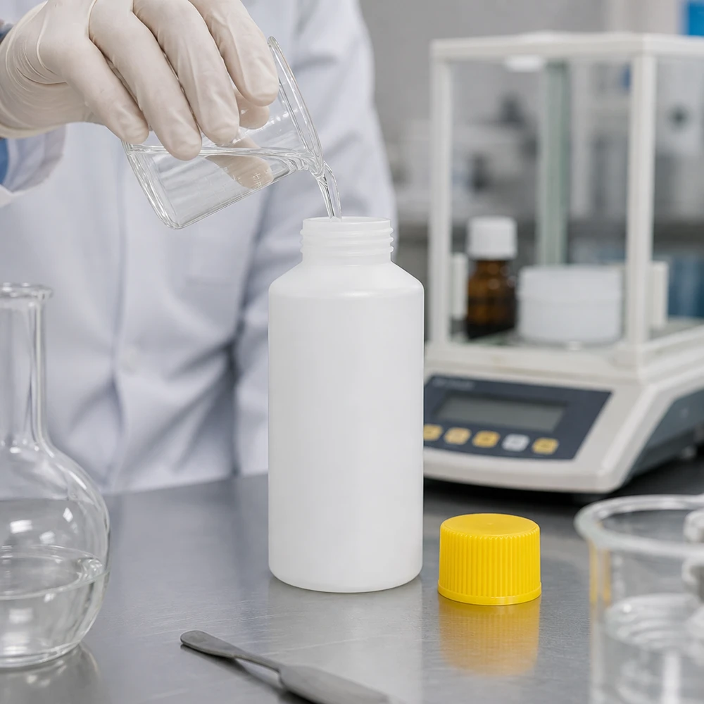 Pharmazeutische Dosierflasche 50ml weiß undurchsichtig mit gelbem Verschluss und weitem Hals