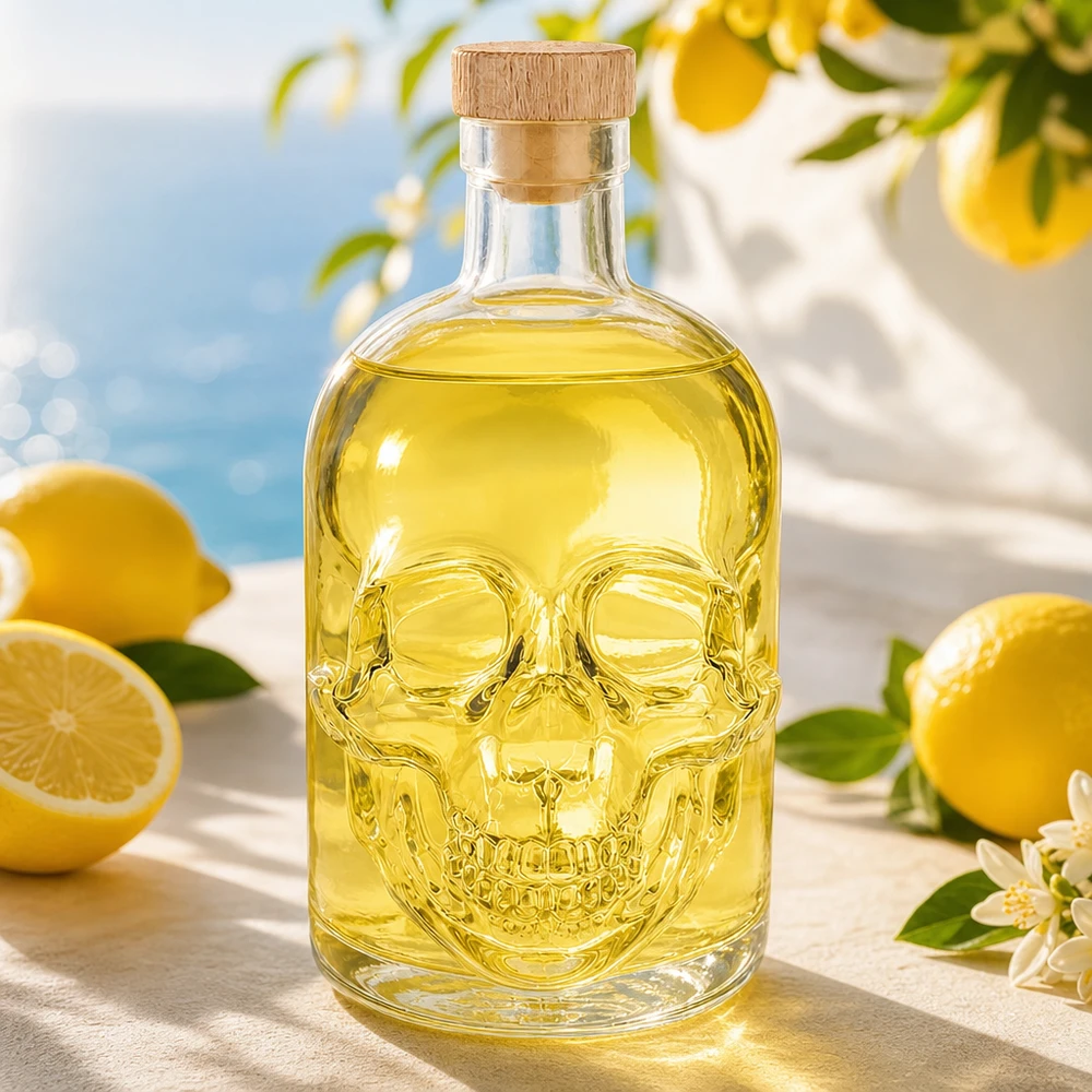 500ml Glasflasche "Jack" mit Holzgriff-Korken UNiTWIST Totenkopf Glasflasche 500ml mit gelbem Inhalt und Korkenverschluss, dekorative Spirituosenflasche Jack Design