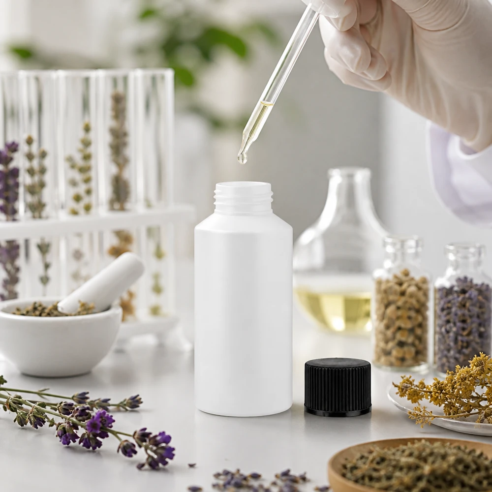Aromatherapie-Abfüllung in weiße HDPE Flasche 50ml mit schwarzem SV neben Lavendel und Kräutern