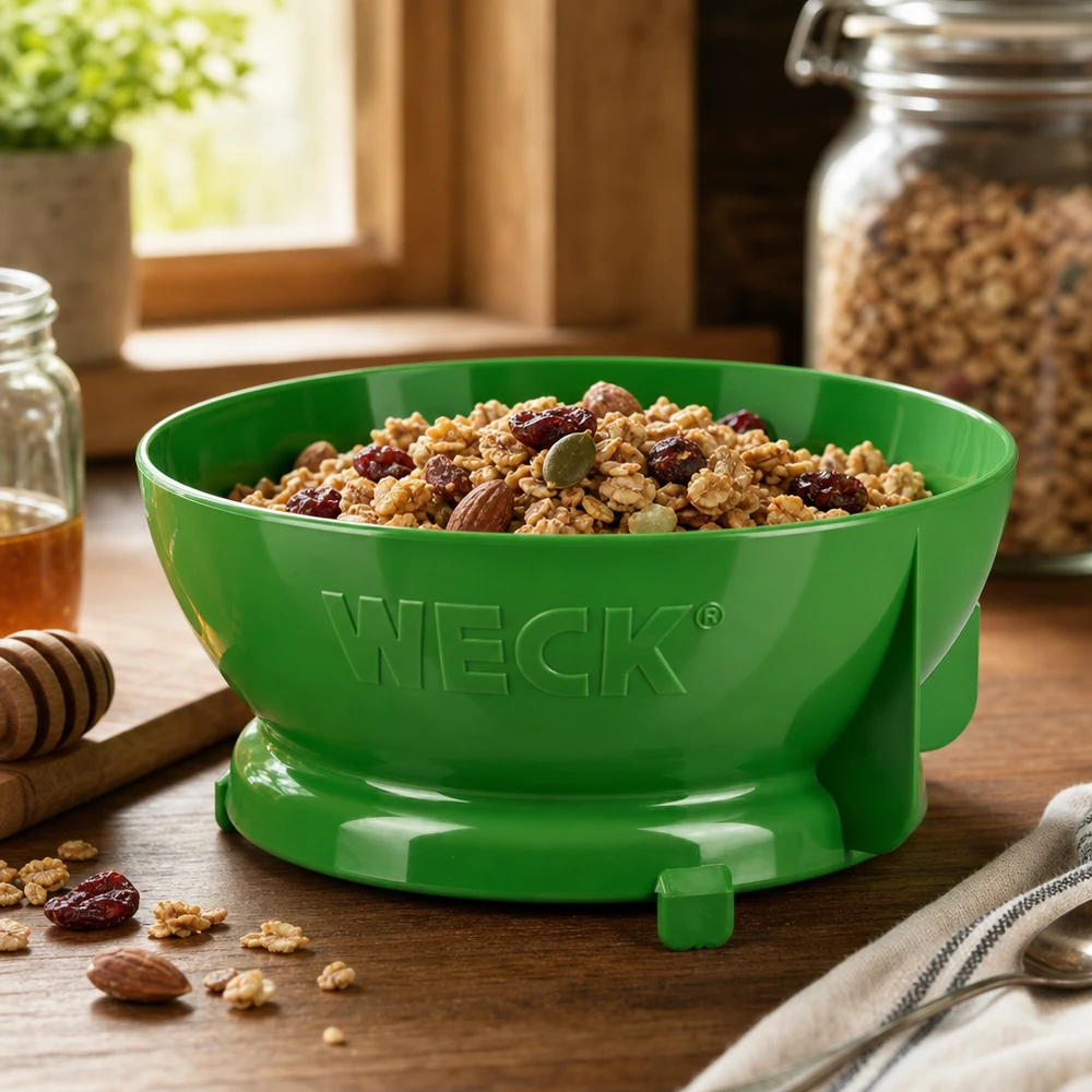 WECK Einfülltrichter grün beim Befüllen mit Müsli und Nüssen in gemütlicher Küche mit Holzfenster