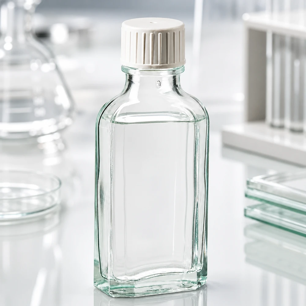 50 ml Meplat klar Schraubverschluss mit Giessring Meplat Flasche 50 ml flache Bauform aus klarem Glas mit Kunststoffverschluss