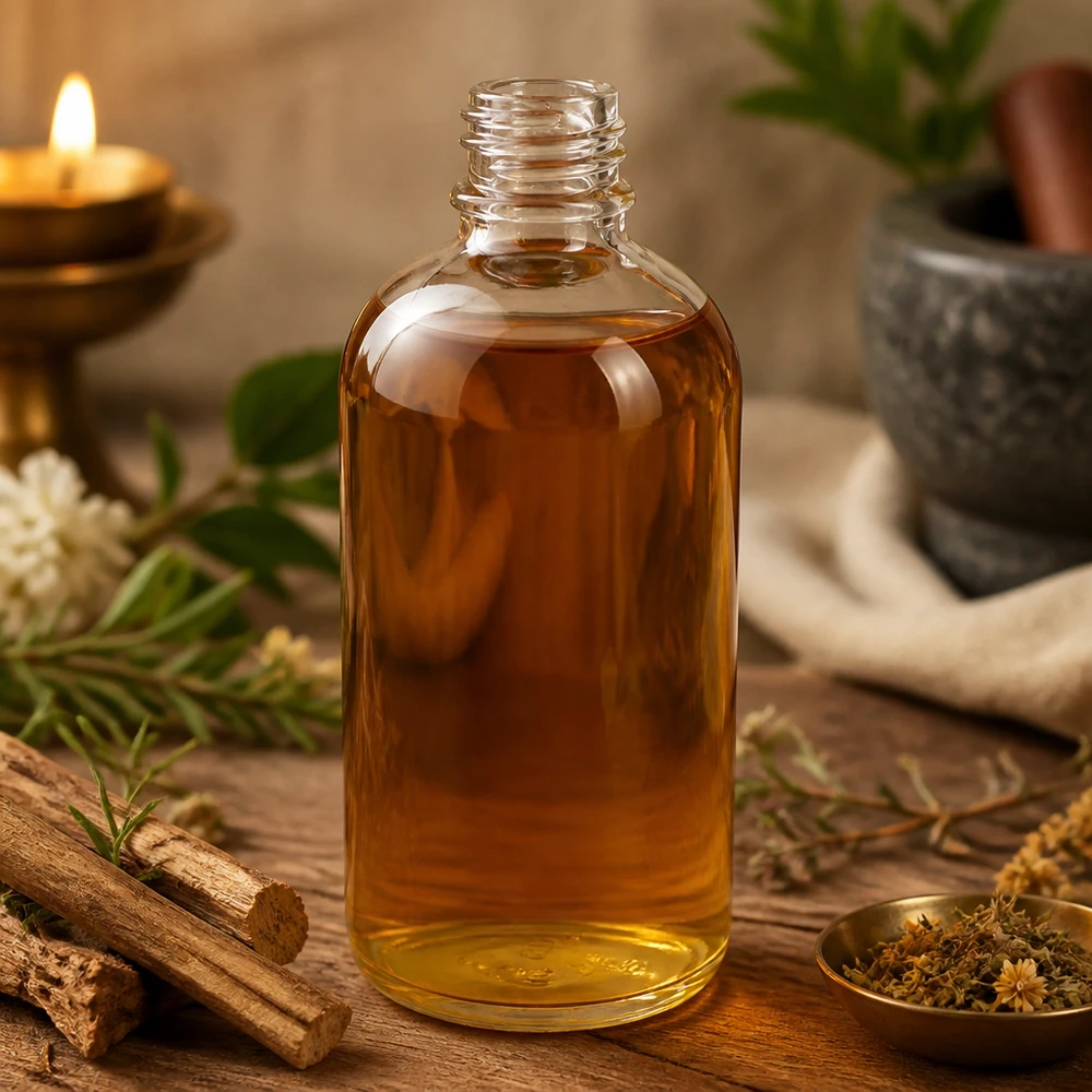 Bernsteinfarbene Flüssigkeit in transparenter 100ml UNiTWIST Apothekerflasche mit Kräuterdeko