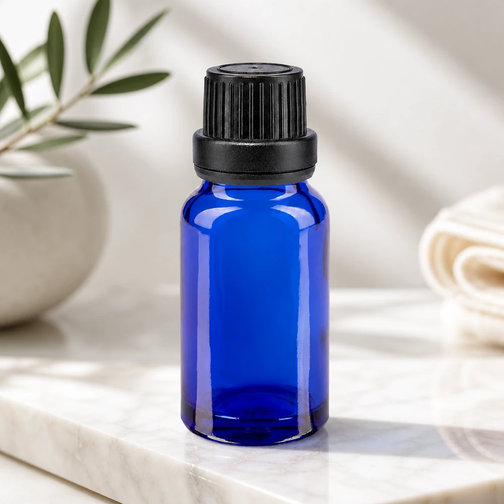 Apothekenflasche blau 10ml Tropfverschluss Giessring 2mm schwarz Originalitätsverschluss Hochwertige blaue Lichtschutzflasche 10ml mit schwarzem Dosierverschluss für Aromatherapie und Öle