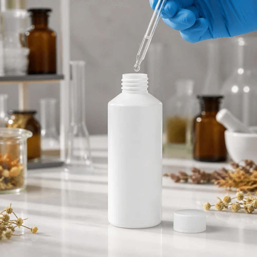 Leere weiße HDPE Flasche 100ml in pharmazeutischer Laborumgebung