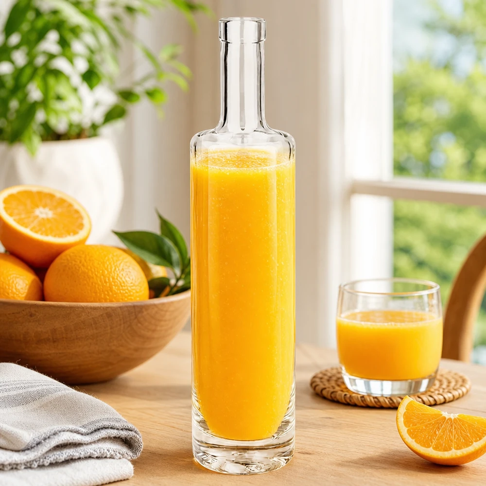 500ml Glasflasche "Centurio" ohne Verschluss UNiTWIST® 500ml Glasflasche Lina mit frischem Orangensaft gefüllt neben Orangen und Glas in sonniger Küchenszene Bild 7
