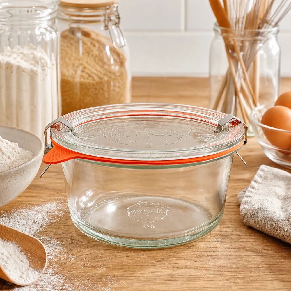WECK Gourmetglas 450ml RR120 auf Holztisch in moderner Küche mit Mehl und Backutensilien für Küchenorganisation
