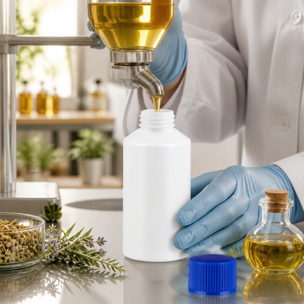 Lebensmittelechte HDPE Apothekenflasche 50ml weiß neben Korkflakon und Heilkräutern