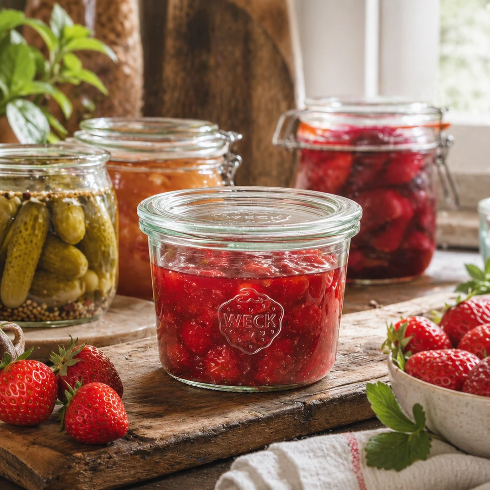 80ml Sturzglas mit Glasdeckel WECK RR60 WECK Sturzglas 80ml RR60 mit Erdbeermarmelade gefüllt auf rustikalem Holzbrett mit frischen Erdbeeren und Einmachgläsern