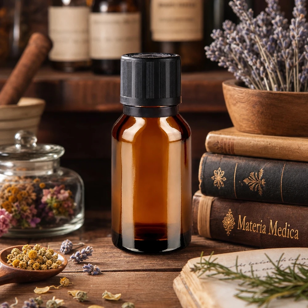 15ml Tropfflasche aus braunem Apothekerglas mit KiSi-Verschluss zwischen getrockneten Heilkräutern