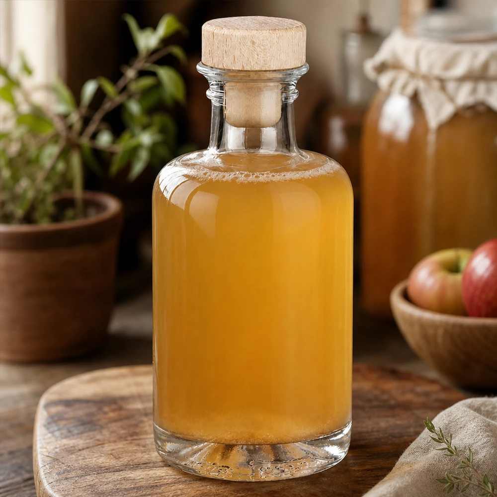 100ml Glasflasche "Sofia" mit Holzgriff-Korken UNiTWIST 100ml Glasflasche Sofia mit Holzkorken gefüllt mit Apfelessig neben Äpfeln in gemütlicher Küche Hausgemacht Atmosphäre