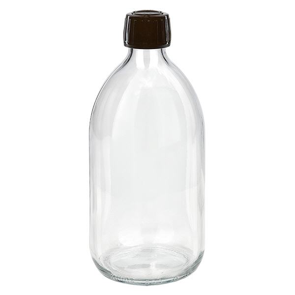 500ml Medizinflasche klar, Verschluss braun mit Originalitätsring ApoGlas 500ml Medizinflasche klar, Verschluss braun mit Originalitätsring ApoGlas