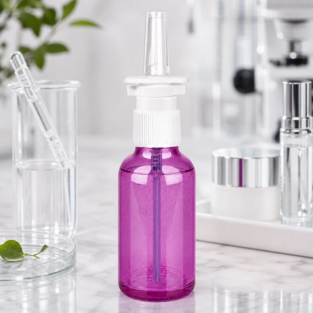 30ml Nasensprayflasche weiß/transparent Standard PurpleLine. UT18/30 Medizinische Nasensprayflasche 30ml Fassungsvermögen in hygienischem Purple-Design mit Standardgewinde