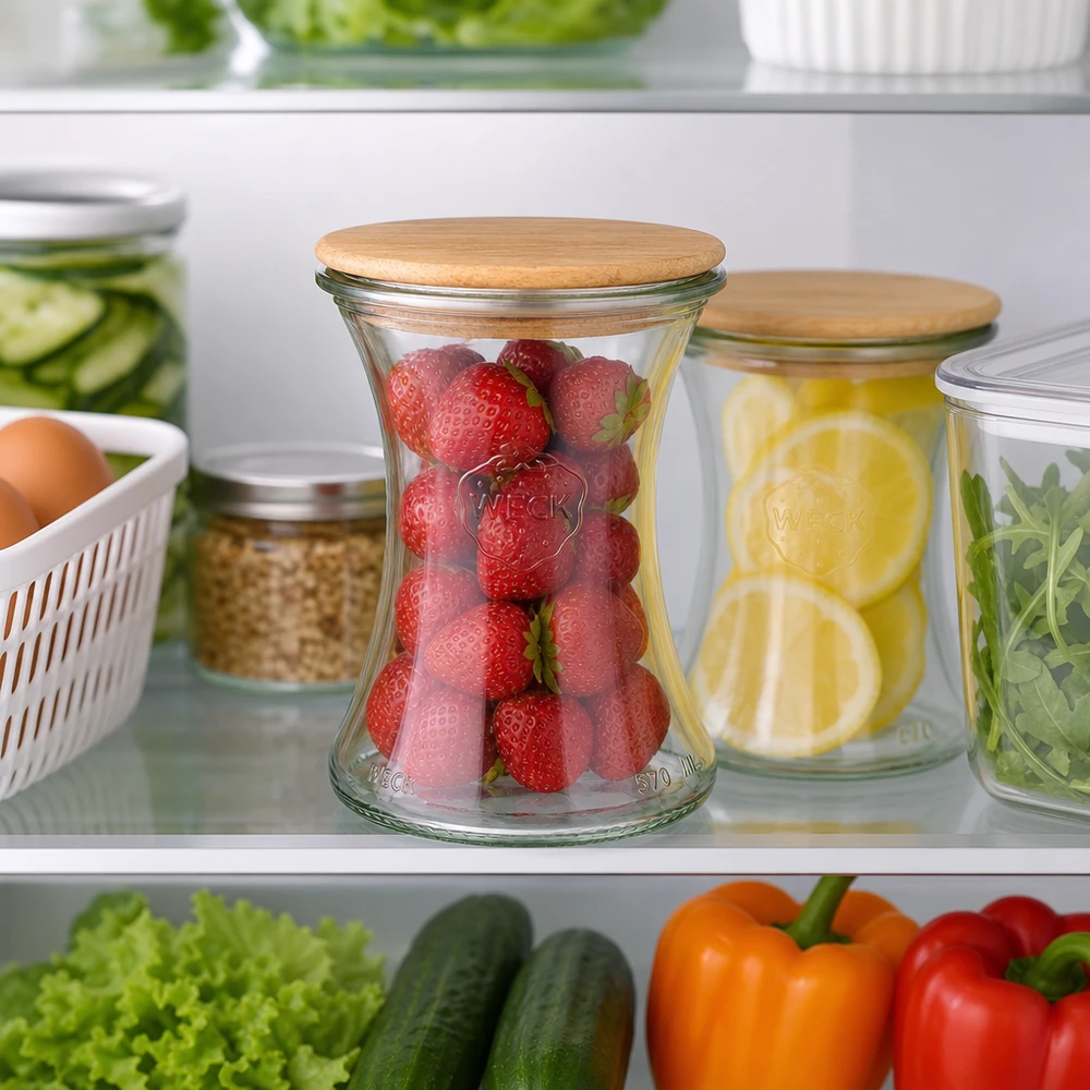 370ml Delikatessenglas WECK RR80 mit Holzdeckel WECK Delikatessenglas 370ml RR80 mit Holzdeckel im Kühlschrank zur Frischhaltung von Erdbeeren und Zitronen