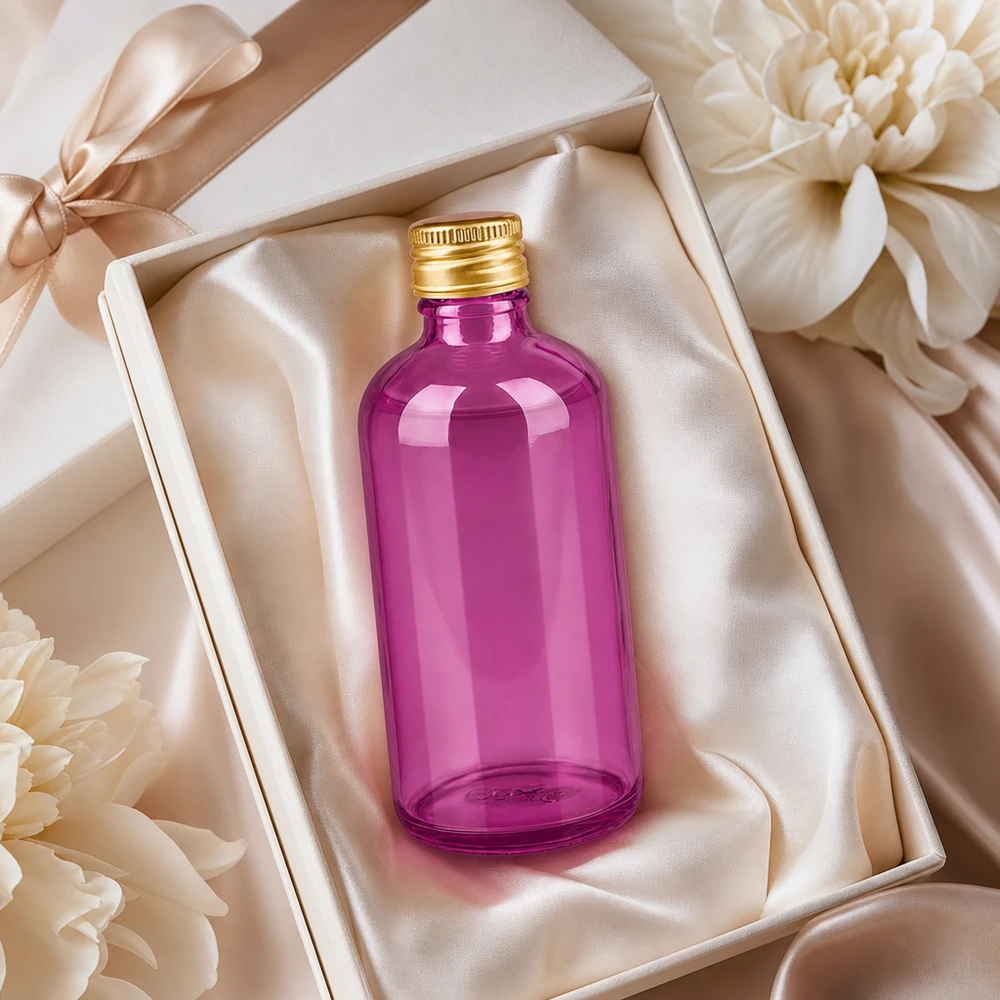 100ml Flasche 11mm Schraubverschluss Alu-Gold Standard PurpleLine. UT18/100 Kompakte 100ml Flasche aus getöntem Glas mit auslaufsicherem Aluminiumverschluss Gold