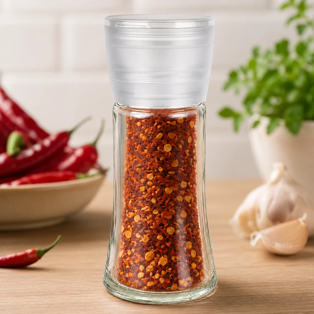 Salz-/Gewürzglas 95ml mit Mühle Vario weiss Kompakte Gewürzmühle Vario 95ml mit roten Chiliflocken neben frischen Chilischoten und Knoblauch