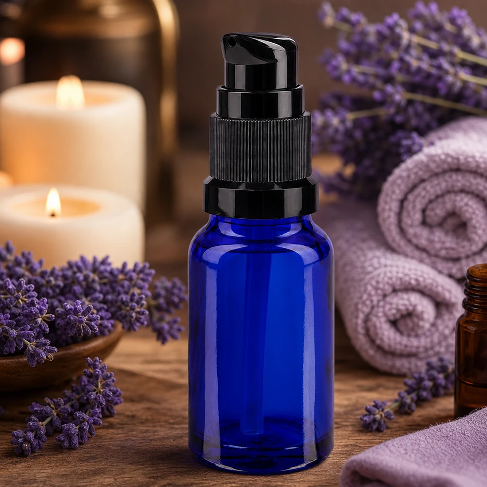 Apothekenflasche blau 10ml PumpVerschluss schwarz Standard Blaues Apothekerglas 10ml mit schwarzer Dosierpumpe ideal für Seren und Pflegeöle