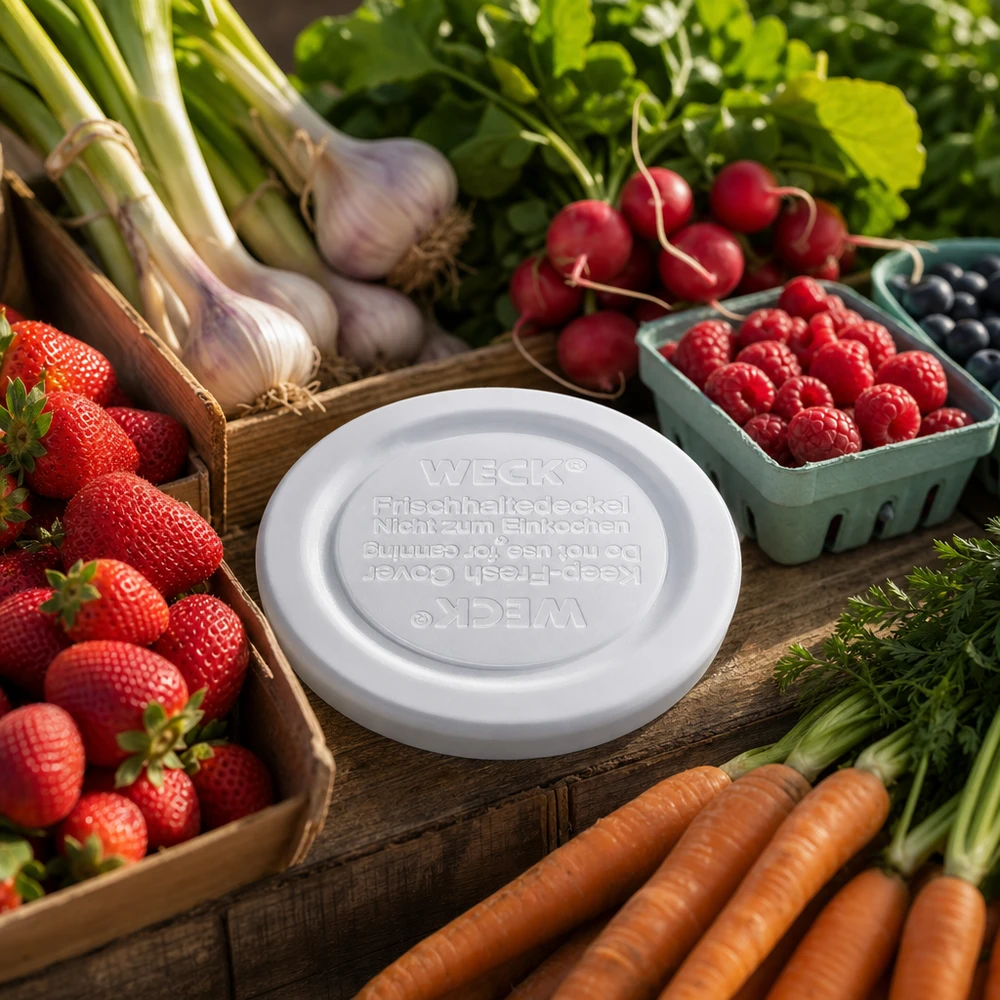 WECK Frischhaltedeckel RR40 WECK Frischhaltedeckel RR40 zwischen frischem Gemüse und Beeren - ideal für Vorratshaltung von Erdbeeren bis Karotten