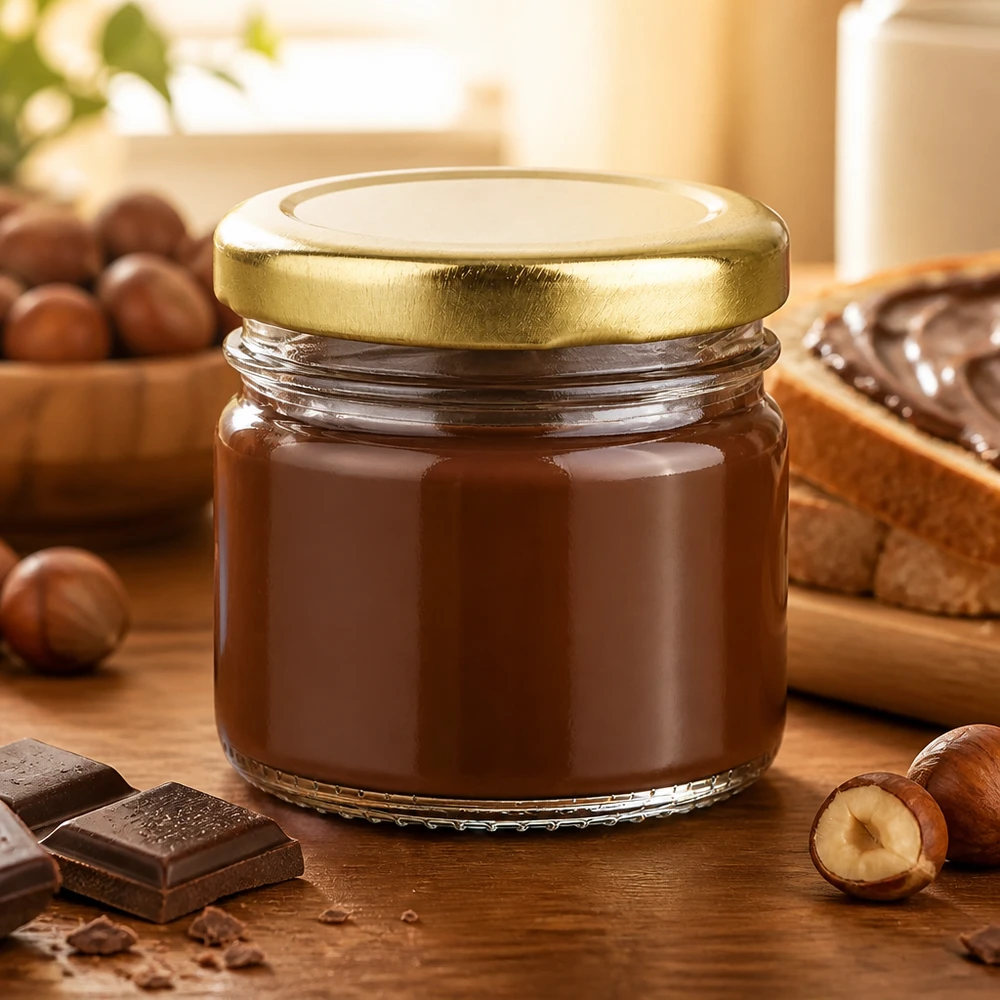 33ml Rundglas BasicSeal Golddeckel befüllt mit cremiger Haselnusspaste als Gastrogeschenk