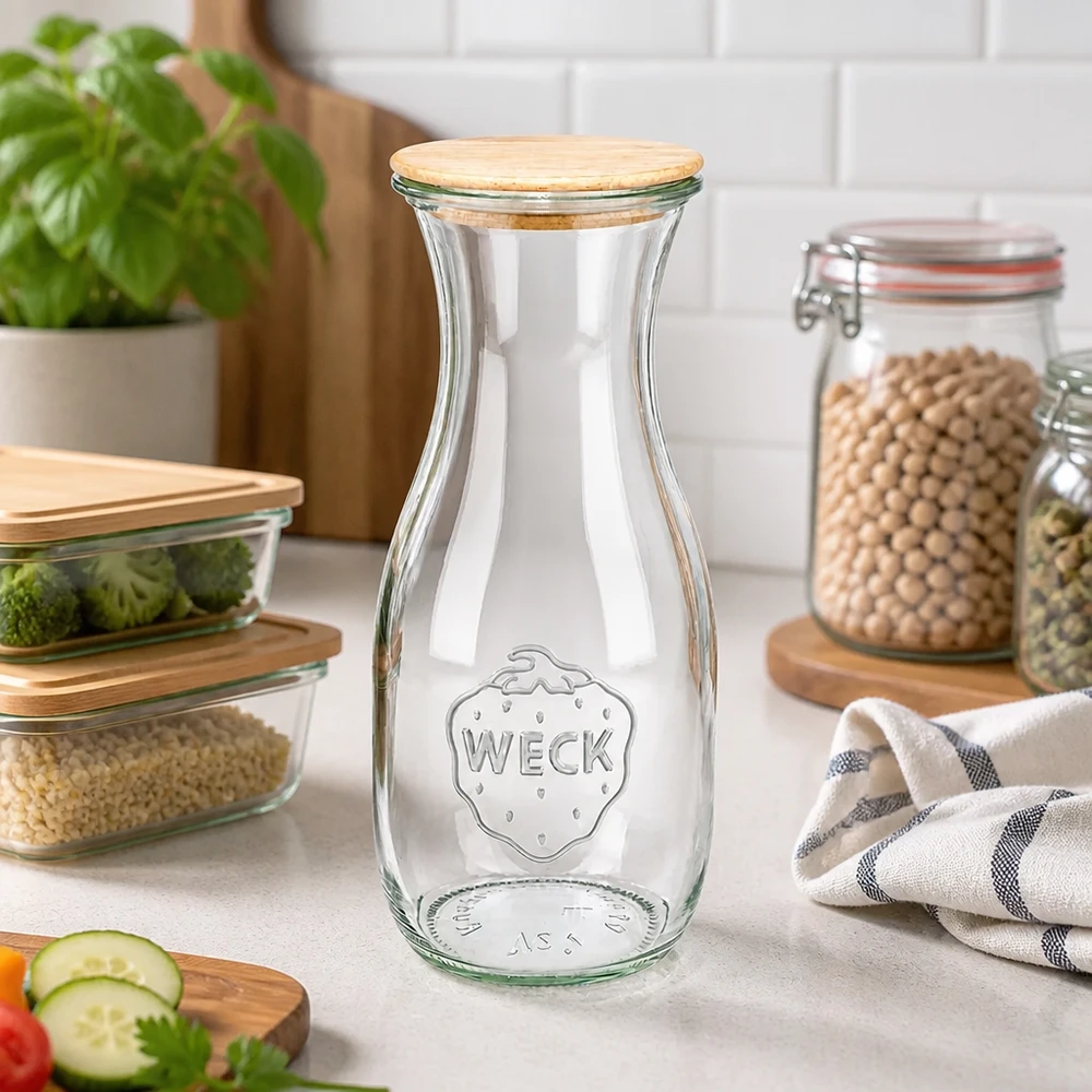 WECK Saftflasche 530ml RR60 mit Holzdeckel in moderner Küche neben Gemüse und Hülsenfrüchten als Vorratslösung