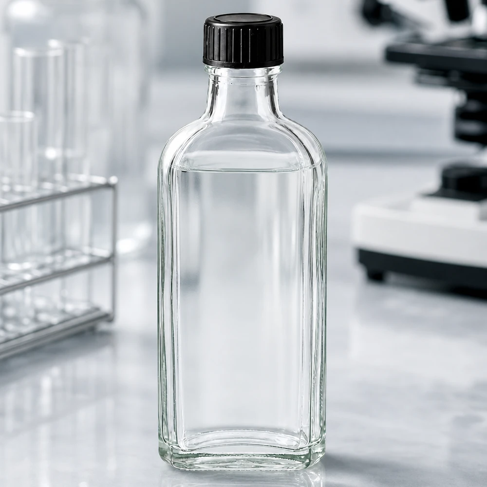 100 ml Meplat klar Schraubverschluss mit LKD-Dichtscheibe Transparente Meplat Flasche 100ml mit geripptem Schraubverschluss zwischen Reagenzgläsern