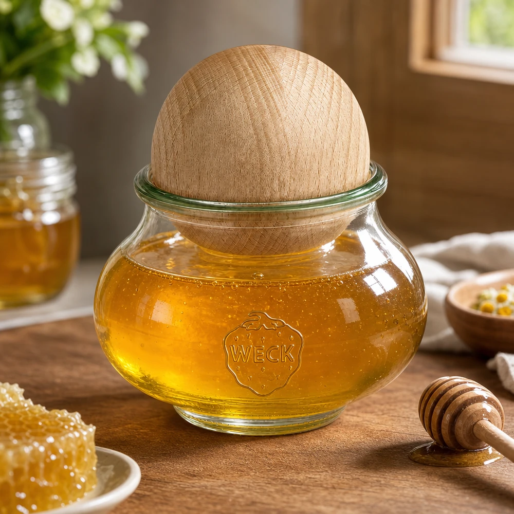 WECK Honigglas 560ml RR80 Buchenkugel Holzdeckel gefüllt mit Honig Honiglöffel Waben Küchenzubehör