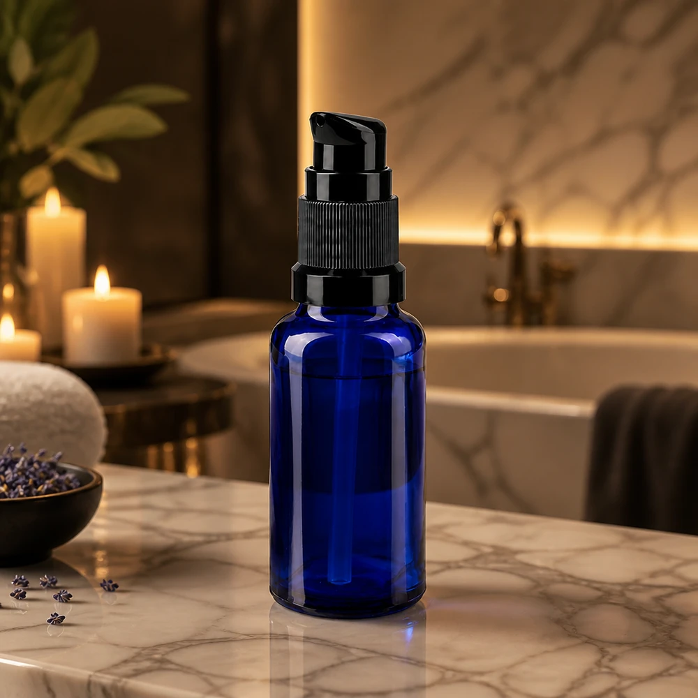 Blaue 20ml Glasflasche mit Dosierpumpe in elegantem Badezimmer-Ambiente mit Kerzen