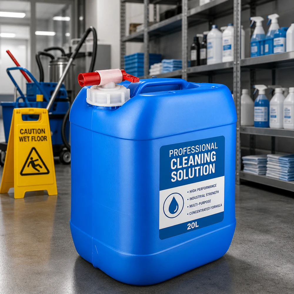 Großgebinde Reinigungsmittel 20 Liter blauer Kanister mit Zapfhahn neben Nassschild und Reinigungsgeräten