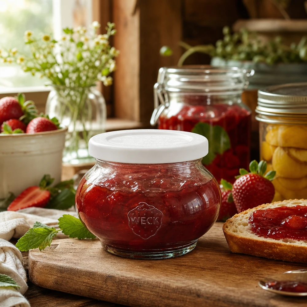 WECK 220ml Schmuckglas gefüllt mit Erdbeermarmelade auf Holzbrett, umgeben von frischen Erdbeeren und Einmachgläsern