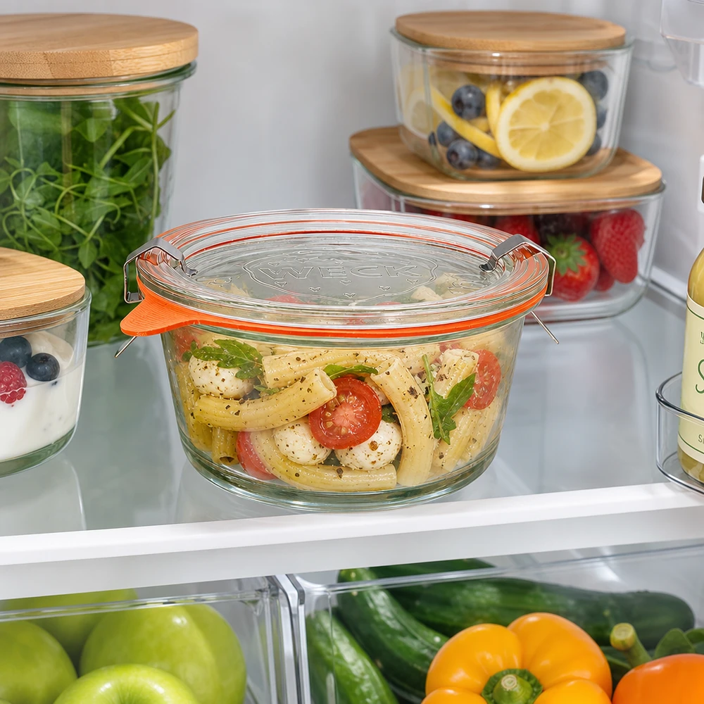 WECK Gourmetglas 450ml RR120 im Kühlschrank mit Nudelsalat gefüllt zeigt perfekte Aufbewahrung von Speisen