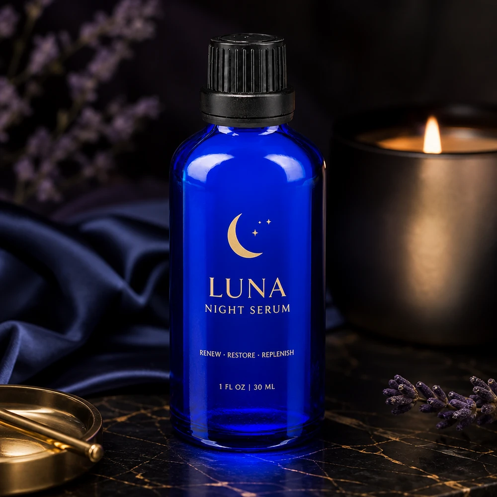 Apothekenflasche blau 50ml Schraubverschluss schwarz Dichteinlage Originalitätsverschluss Kobaltblaue Apothekerflasche 50ml SV OV 11mm neben brennender Kerze und Seidenstoff