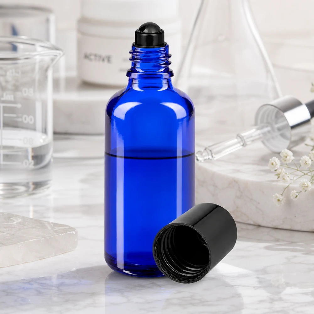 Lichtschutzglas Flasche 50ml in Blau mit Rollkugelapplikator für Parfum und Kosmetik