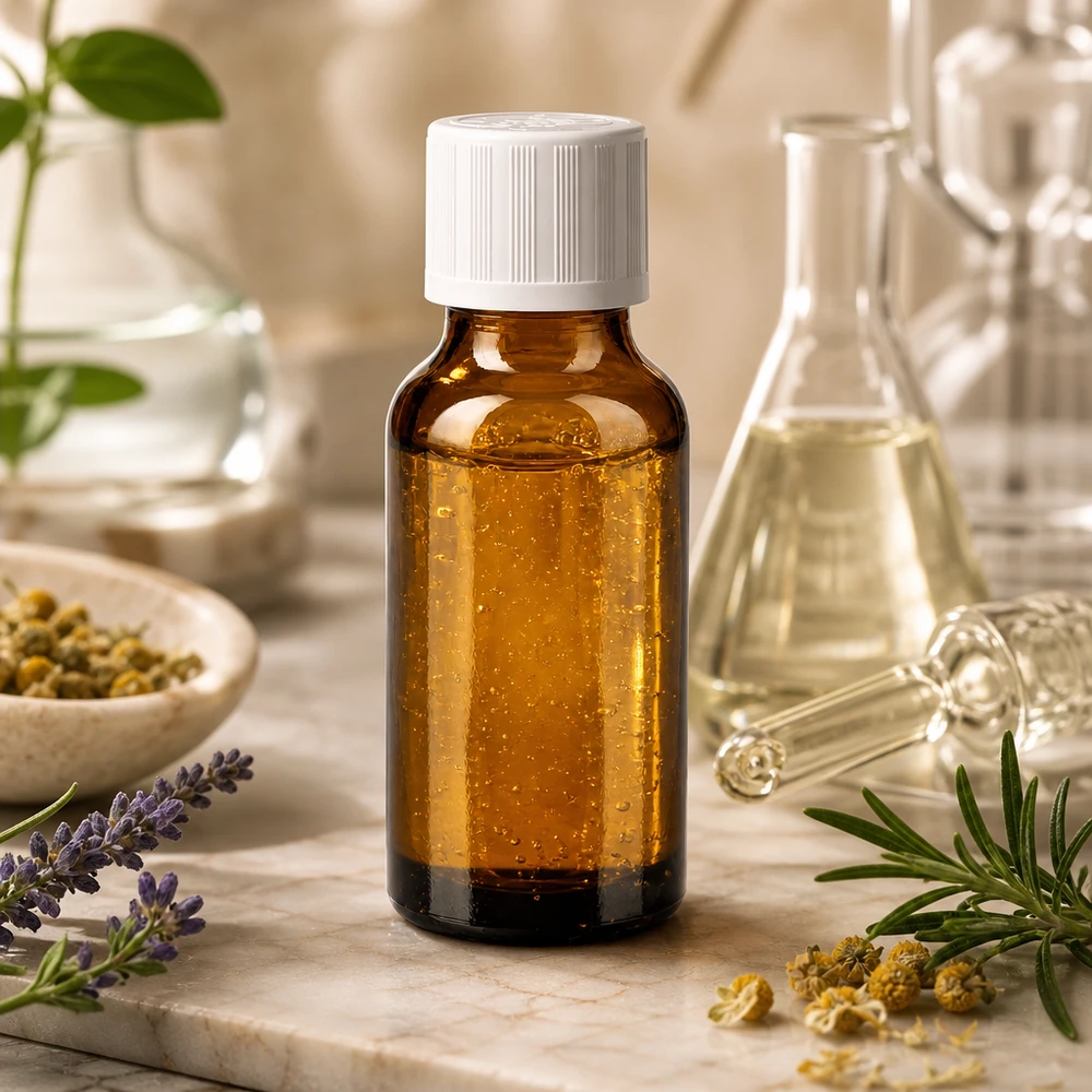 Apothekenflasche braun 20ml Schraubverschluss weiß Kindersicherung Standard Braune 20ml Glasflasche mit weißem Schraubverschluss Kindersicherung auf Marmor mit Heilkräutern