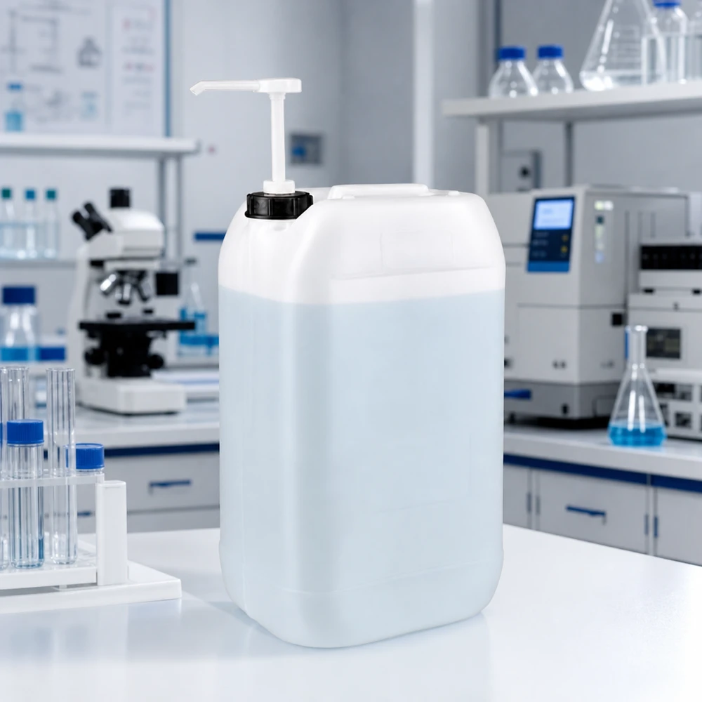 Rechteckiger 15 Liter Kanister mit Pumpaufsatz für präzise Dosierung von Laborflüssigkeiten